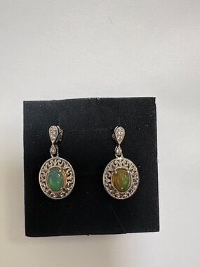 Sterling Silver Ethiopian Green Orange Opal Drop Earrings with Filigree Accents